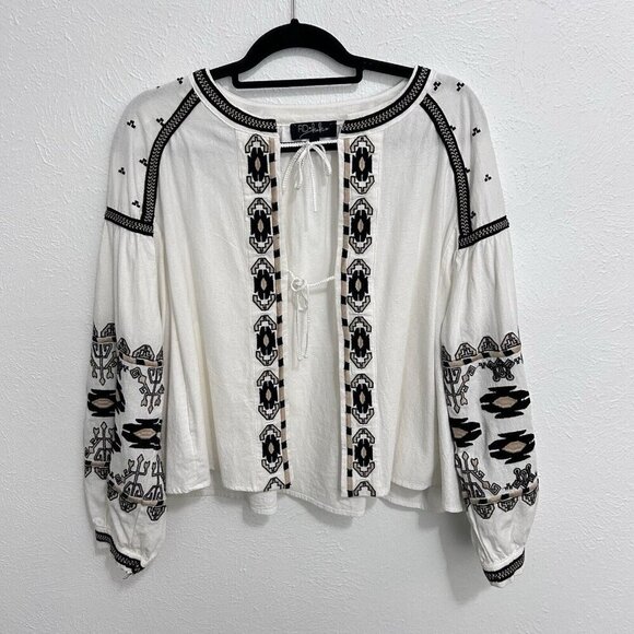 Anthropologie RD + Koko Shirt Jacket Cream Black Tie Front Embroidered Boho Sz M - Picture 1 of 12